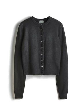 H&M Button-Front Ruffle-Trimmed Crewneck Cardigan - Black